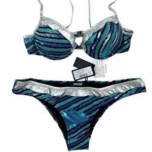 New Just Cavalli Women S US/EU 42 Stretch Bikini Blue Push-Up Two-Piece Swimsuit